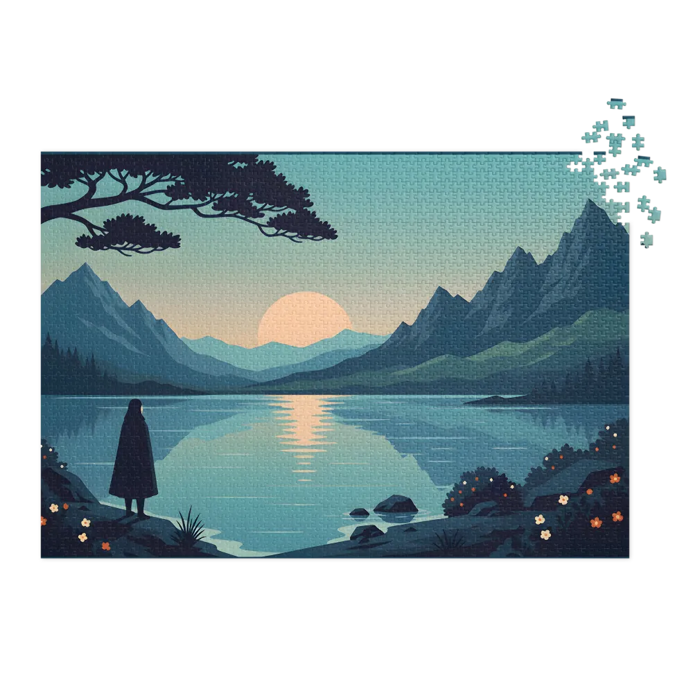 Tranquil Mountain Lake Sunset 
 Jigsaw Puzzle in Tin Box