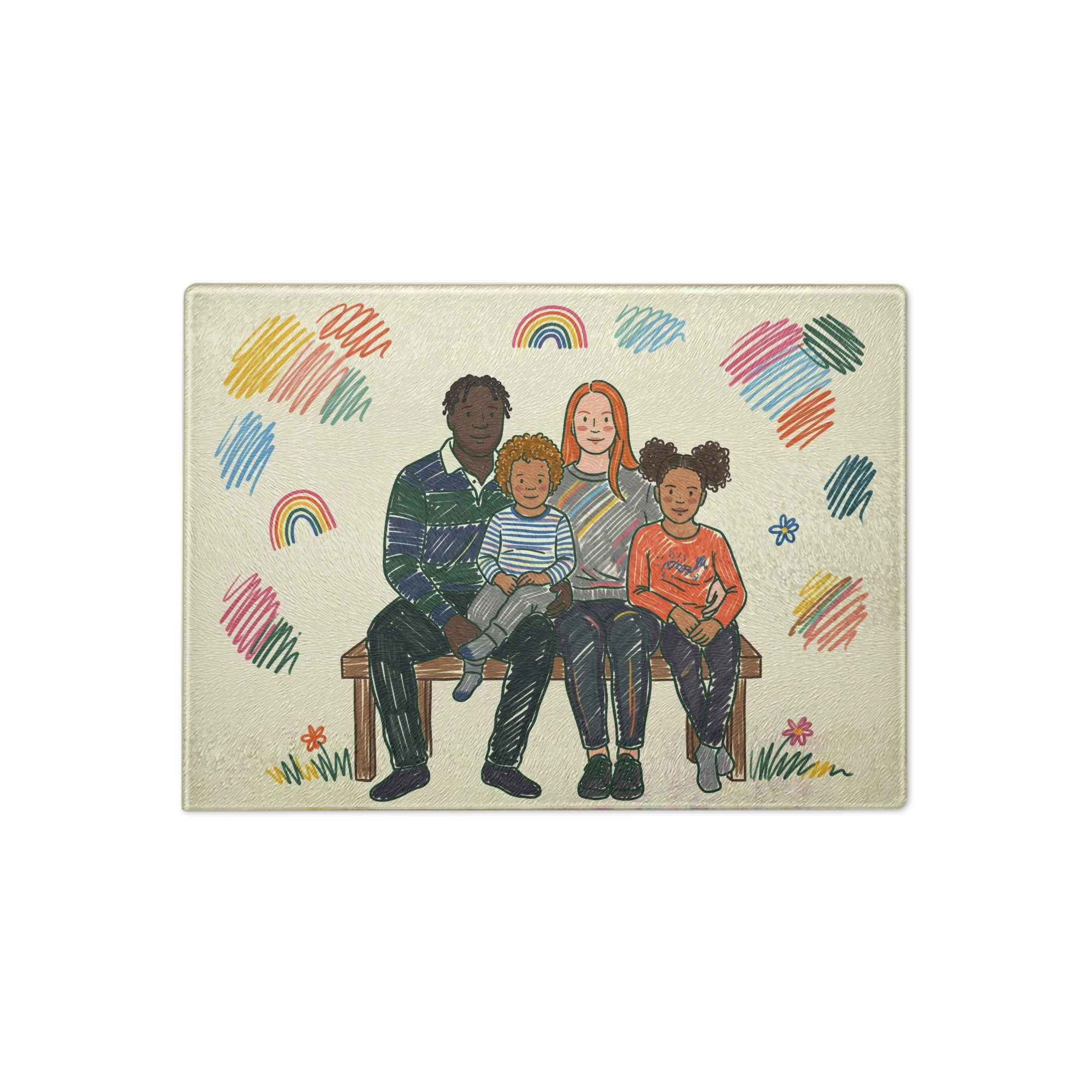 Family Portrait Cutting Board — Rainbow Marker Doodle