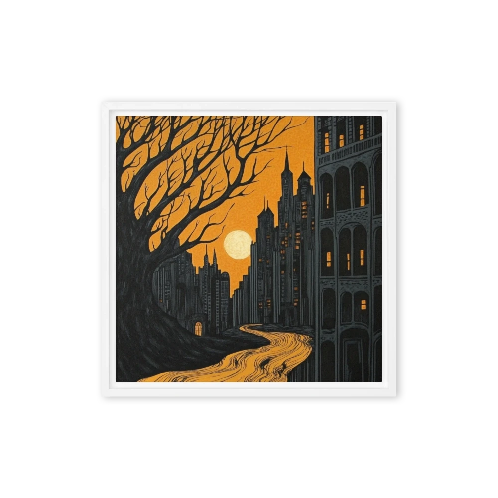 Silhouette Cityscape with Tree and Moon