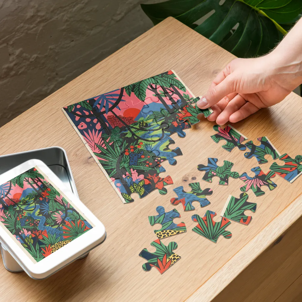 Jungle River Sunset 
 Jigsaw Puzzle in Tin Box