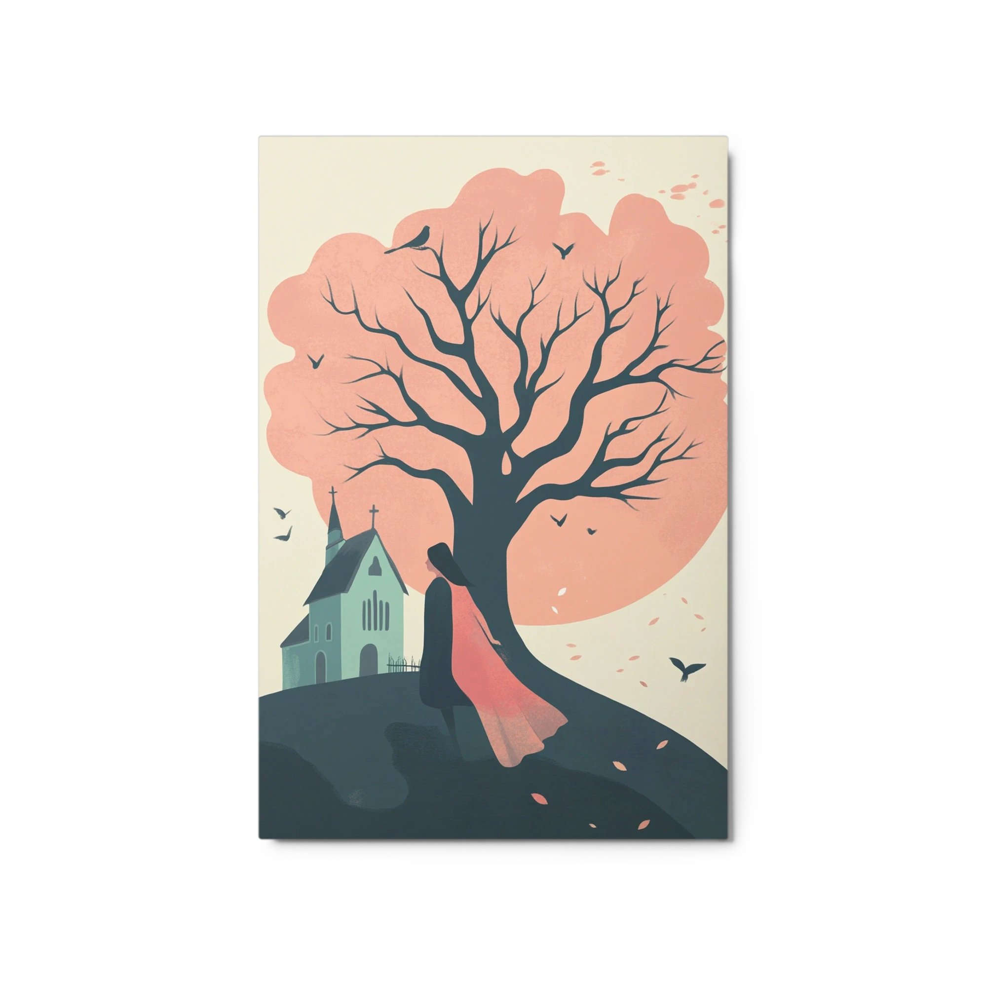 Silhouette of Woman by a Tree and Church