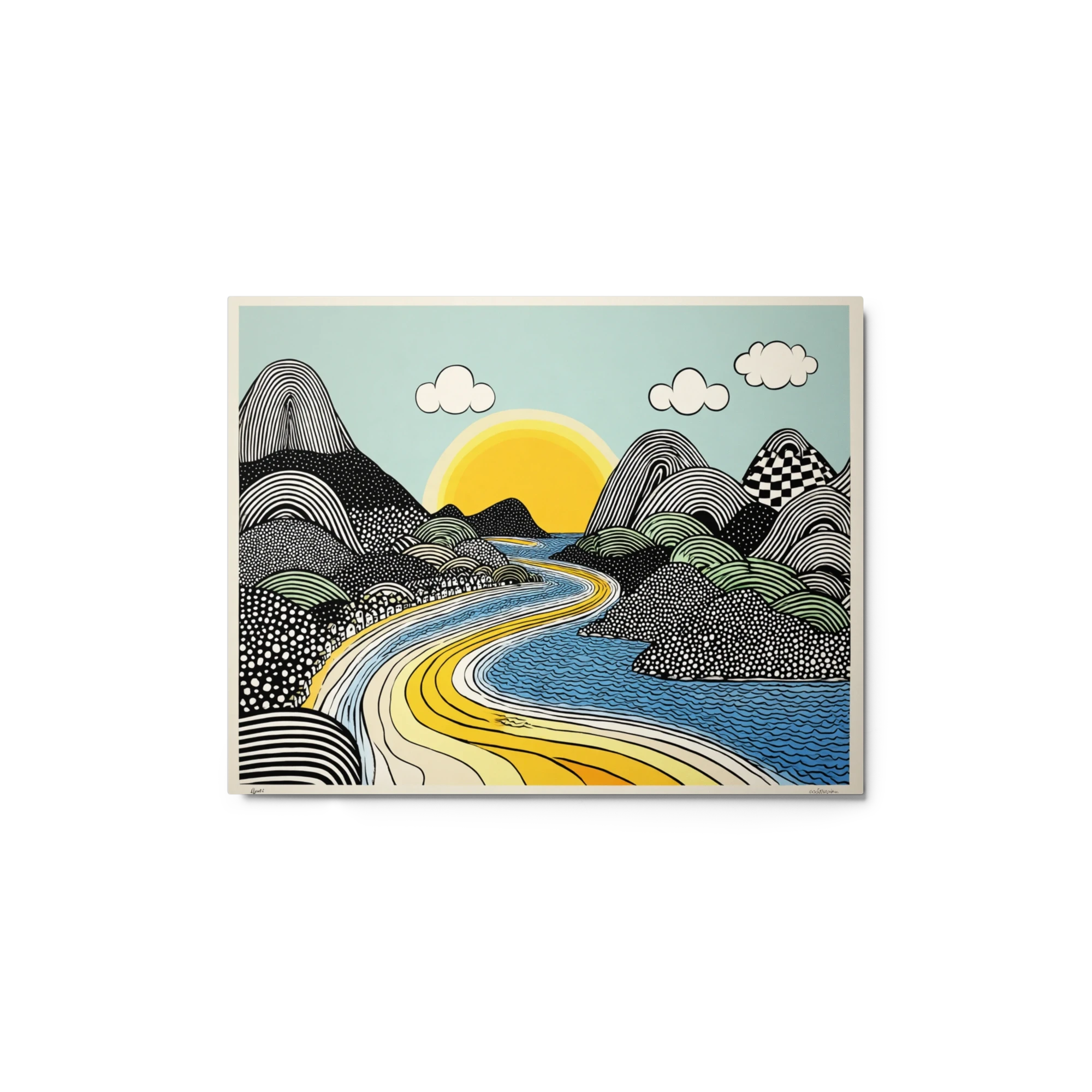 Graphic Sun Over Patterned Hills