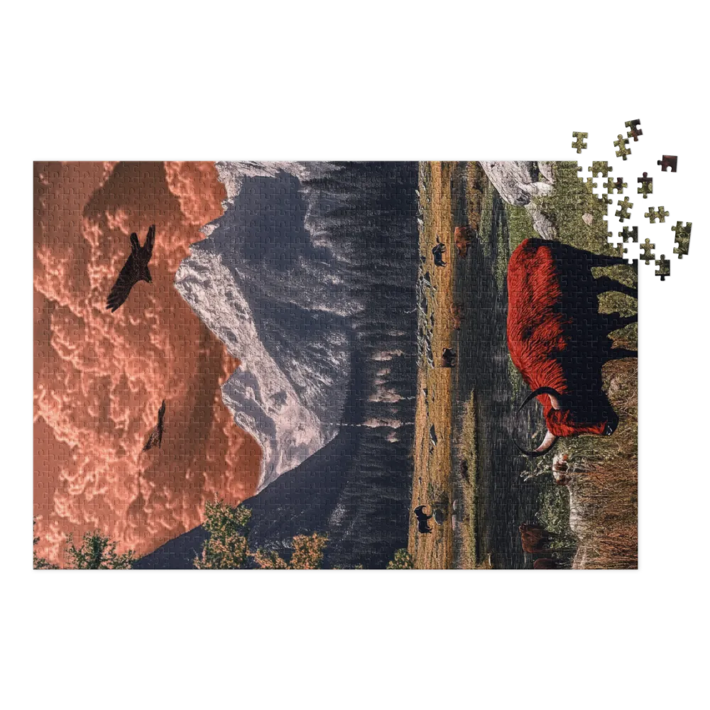 Surreal Mountain Landscape with Red Bison