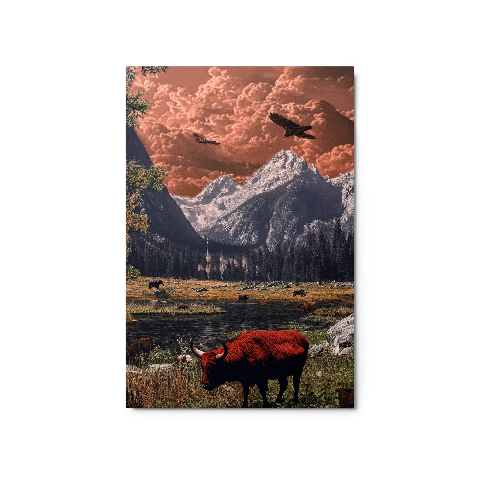 Surreal Mountain Landscape with Red Bison