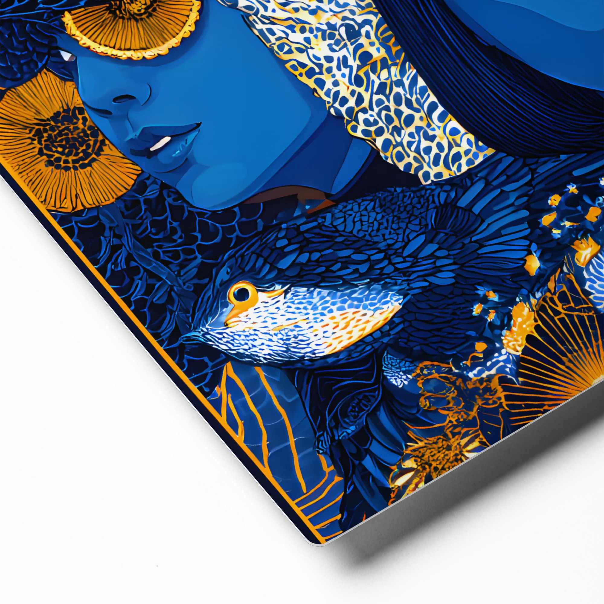 Blue and Gold Avian Harmony 
 Canvas with Brown Frame