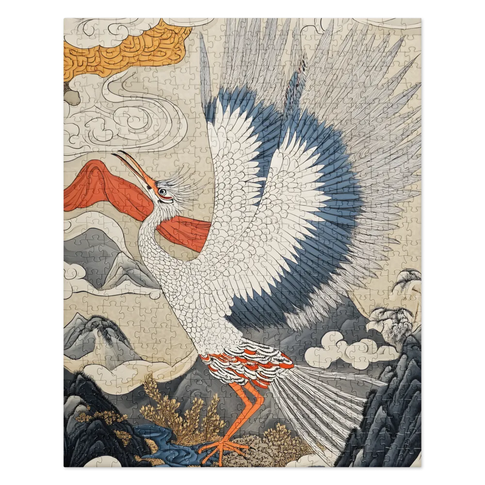 Soaring Crane in Ukiyo-e Landscape 
 Jigsaw Puzzle in Tin Box