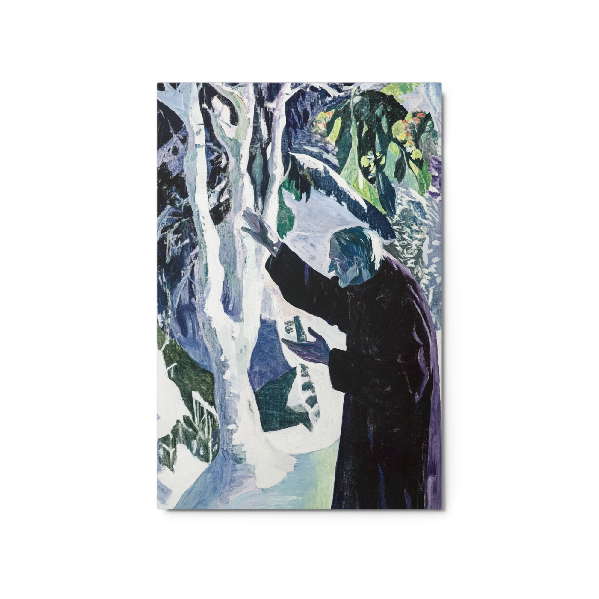 Elderly Figure Interacting with Snowy Tree