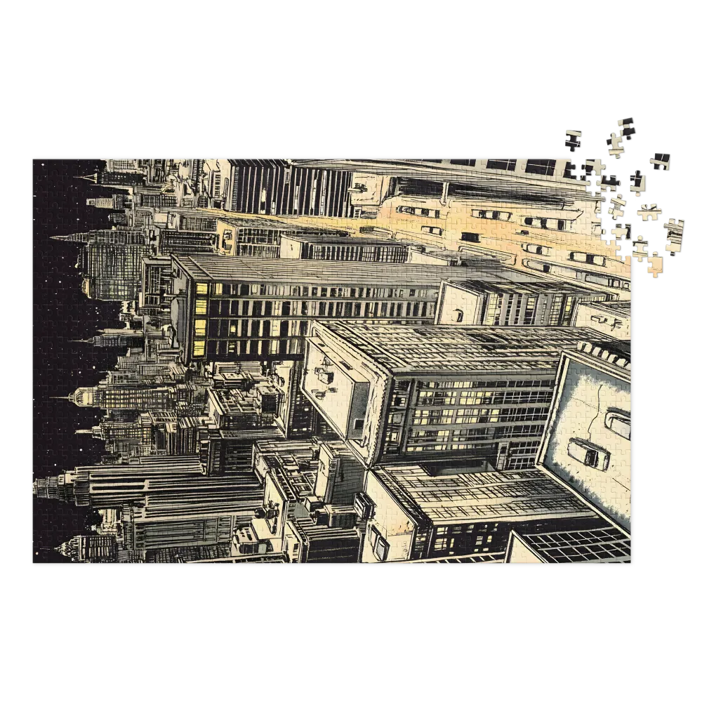 Illustrazione Paesaggio Urbano Notturno 
 Puzzle in scatola di metallo