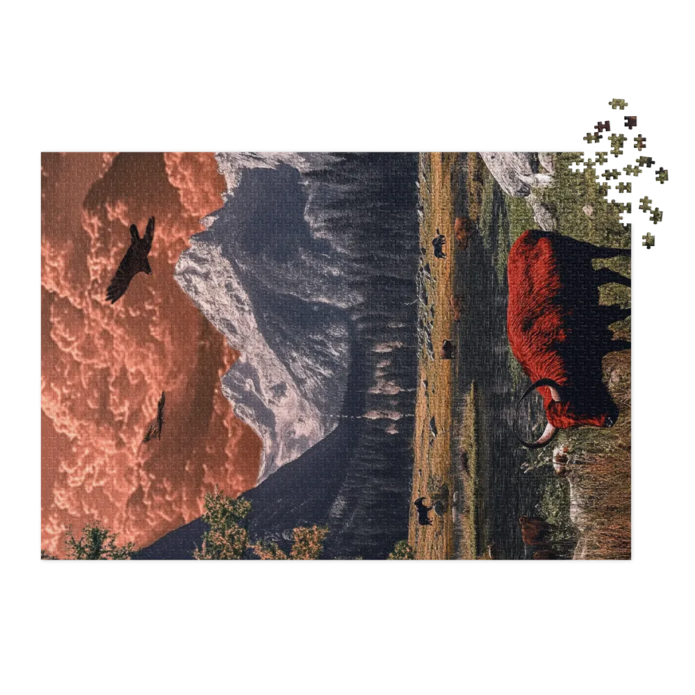Surreal Mountain Landscape with Red Bison