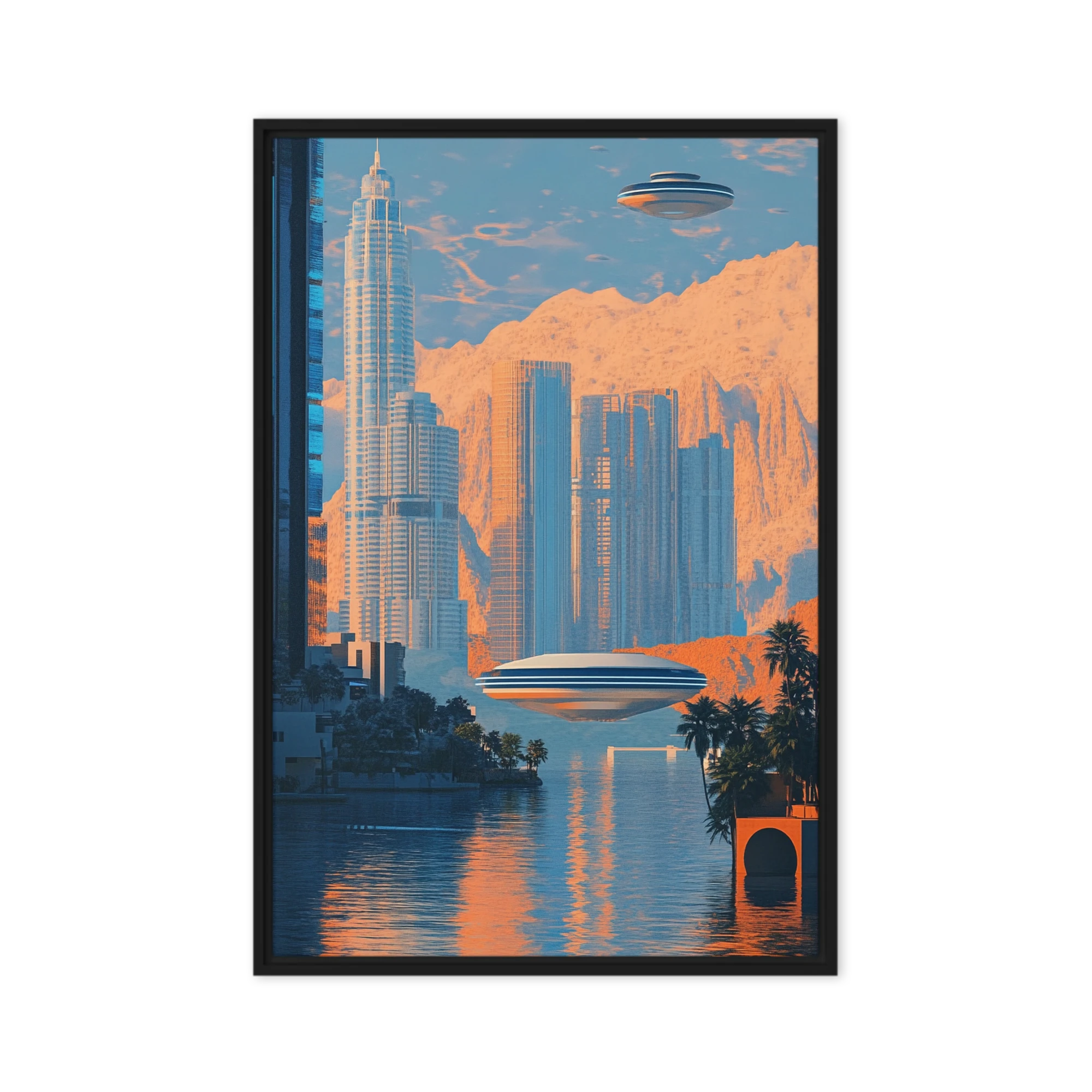 Futuristic Cityscape with Flying Saucers
