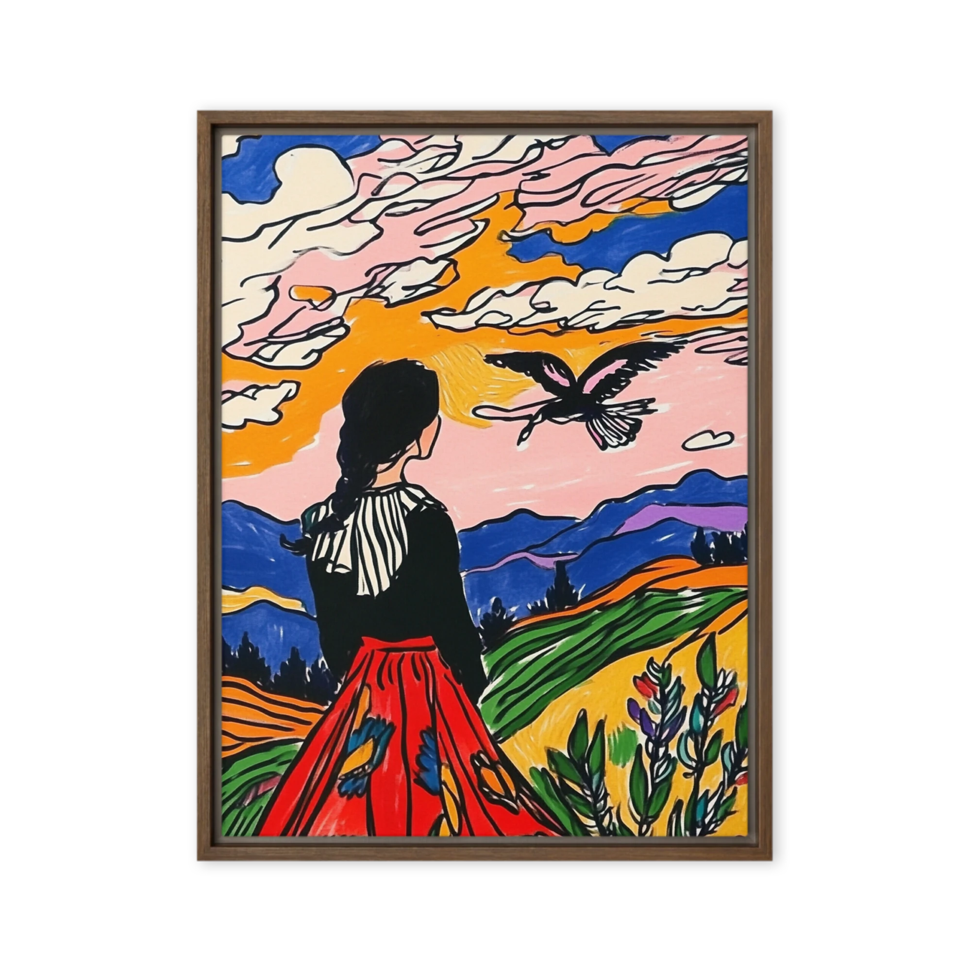 Girl in Colorful Dress Against Landscape