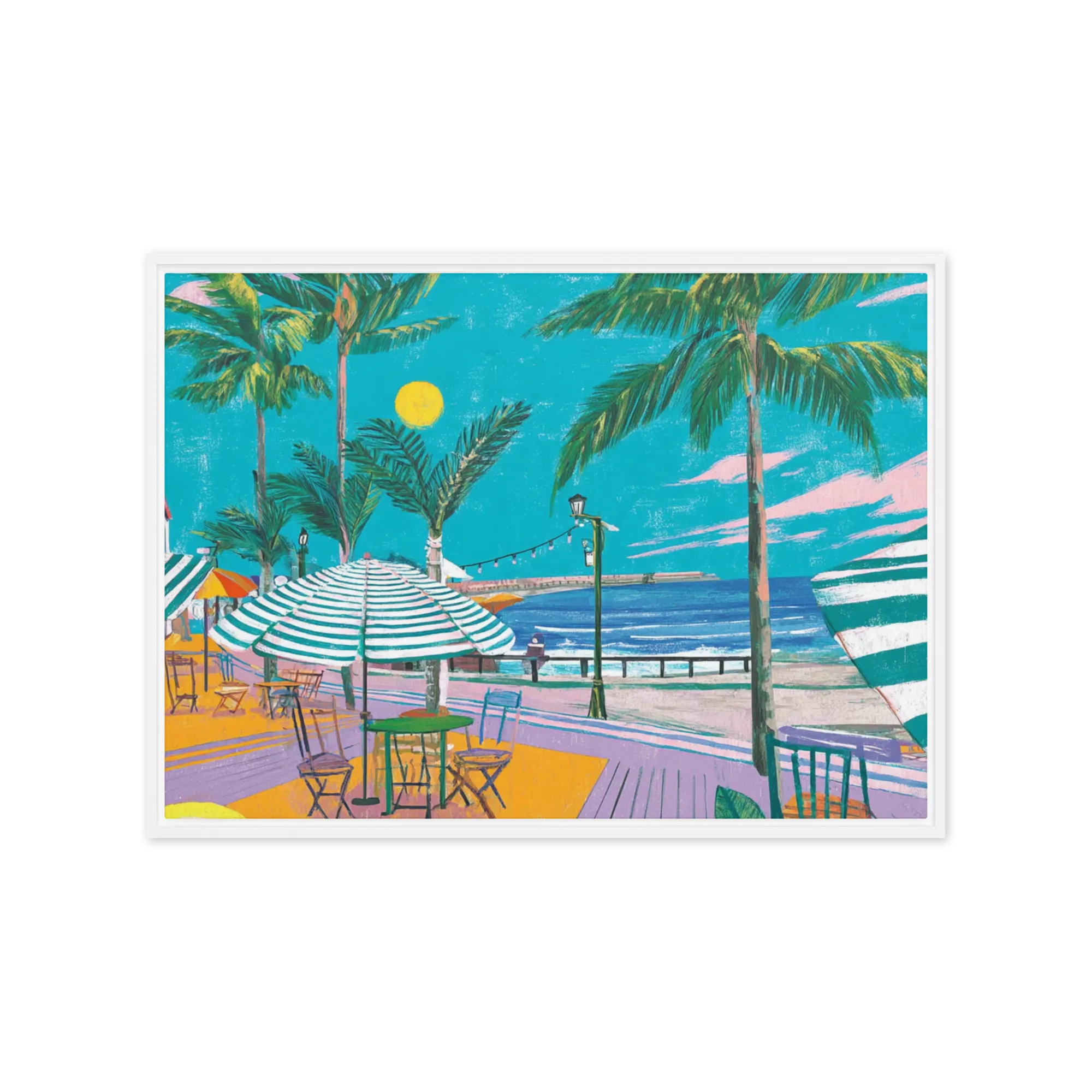 Sunny Beachside Cafe 
 Canvas with White Frame
