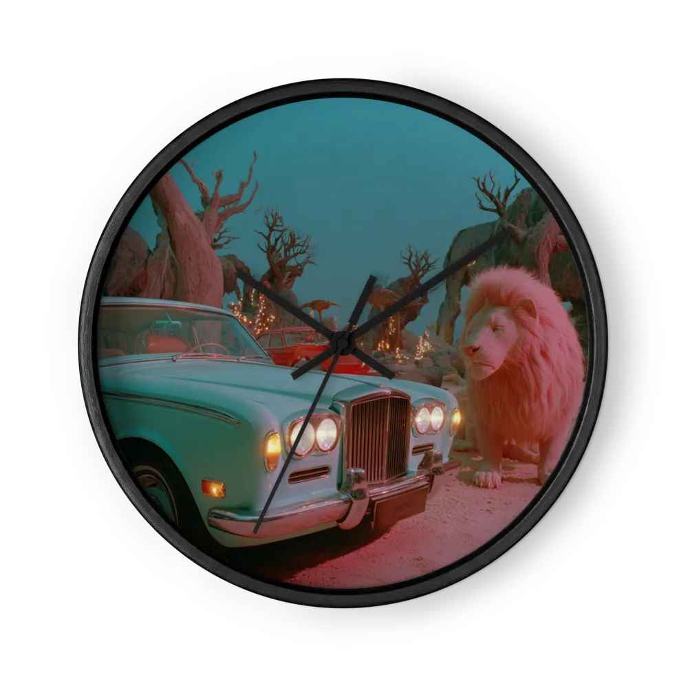 Pink Lion and Vintage Car | Wall Clock