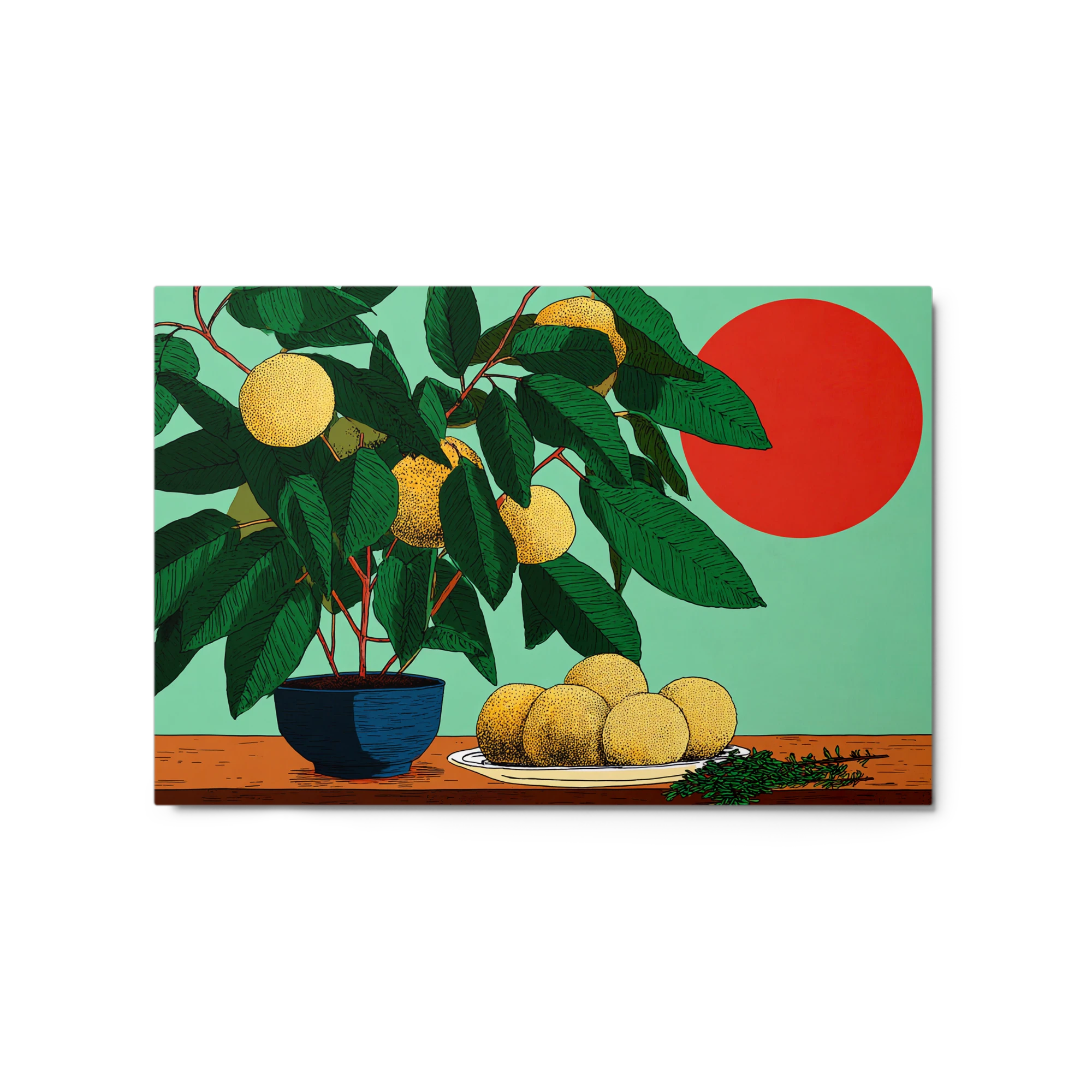 Potted Citrus and Red Sun