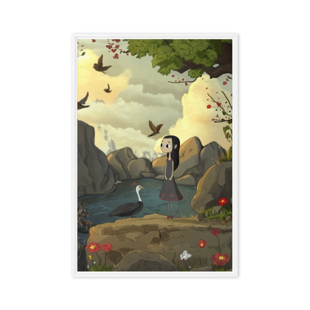 Girl and Bird in Serene Landscape