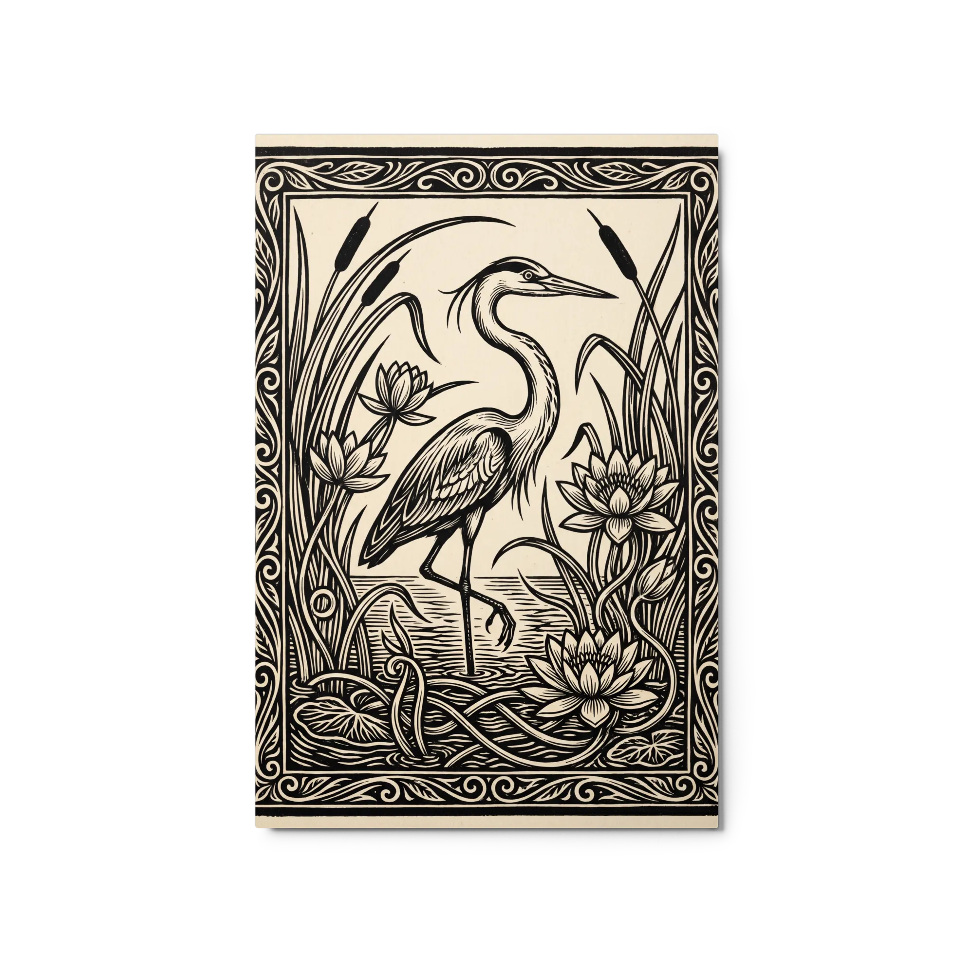 Heron Among Water Lilies 
 Paper Print With Black Frame & Mat | 18″x 24″