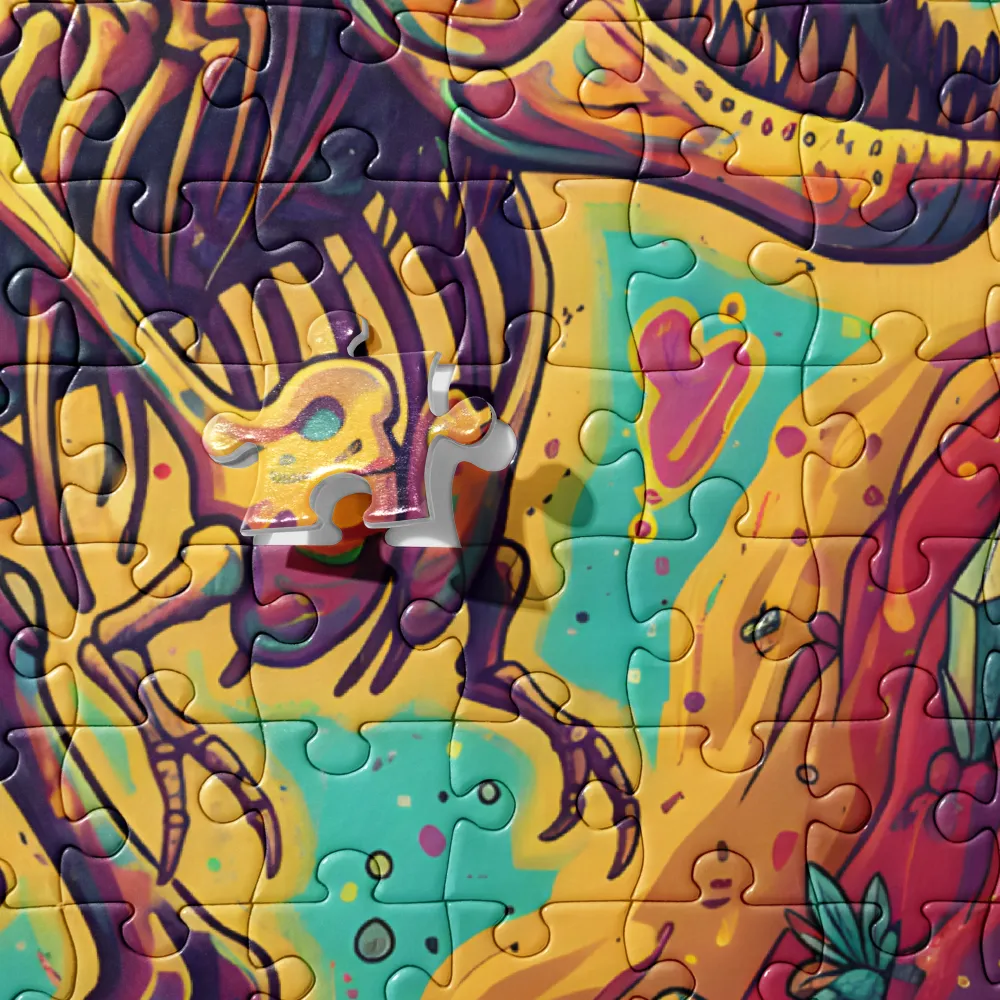Psychedelic Dinosaur Skeleton 
 Jigsaw Puzzle in Tin Box