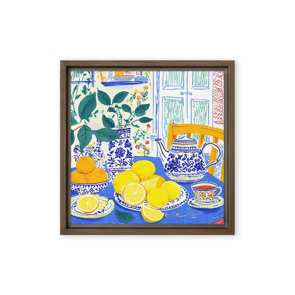 Citrus on Blue Table 
 Canvas | 12″x 12″