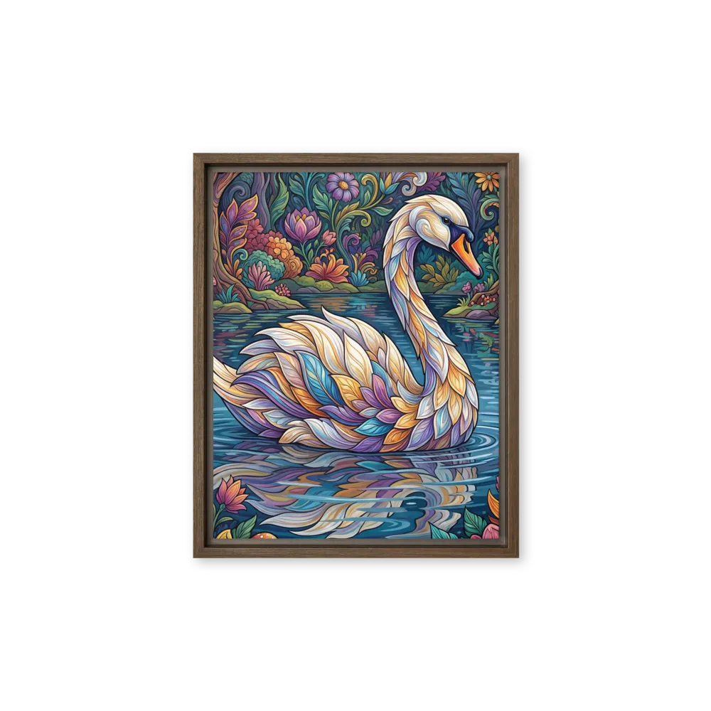Art Nouveau Stained Glass Swan 
 Canvas with White Frame