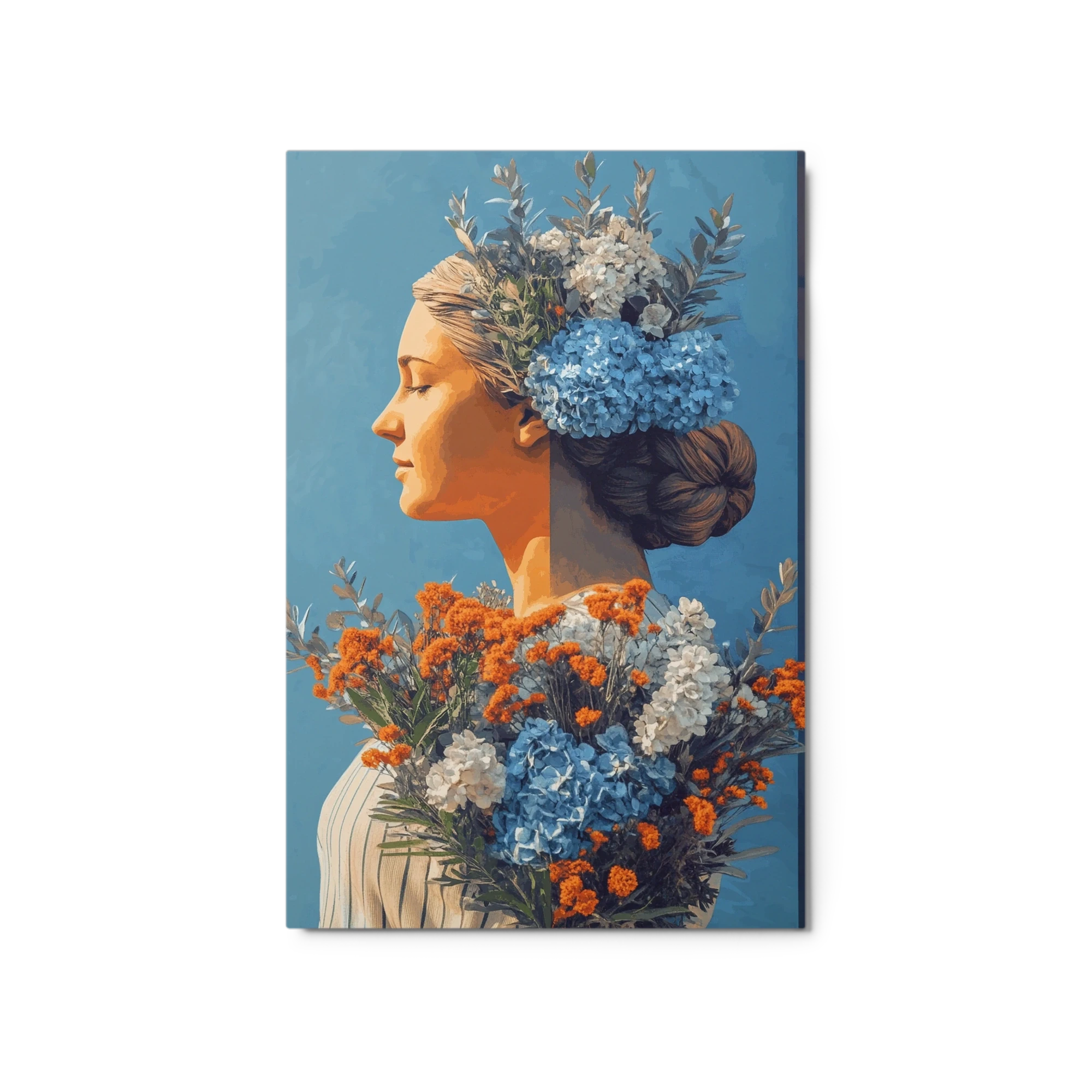 Serene Woman with Blue and Orange Flowers