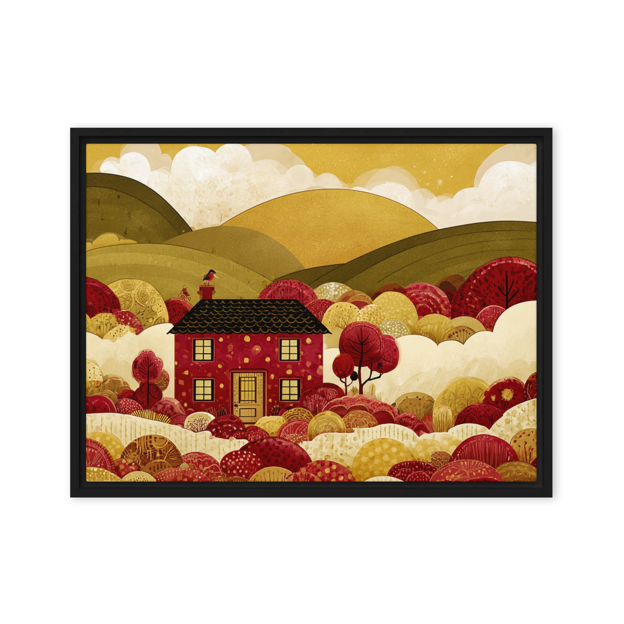 Storybook landscapes in mustard gold — Layered paper-cut collage
