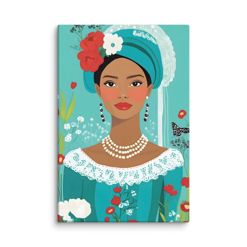 Floral Teal Portrait 
 Canvas with White Frame