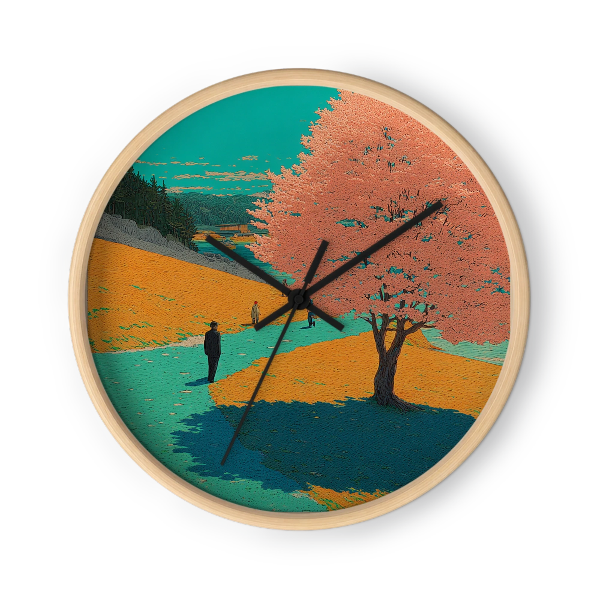 Textured Woodblock Solitude Wall Clocks — Teal Sky, Salmon Cloud