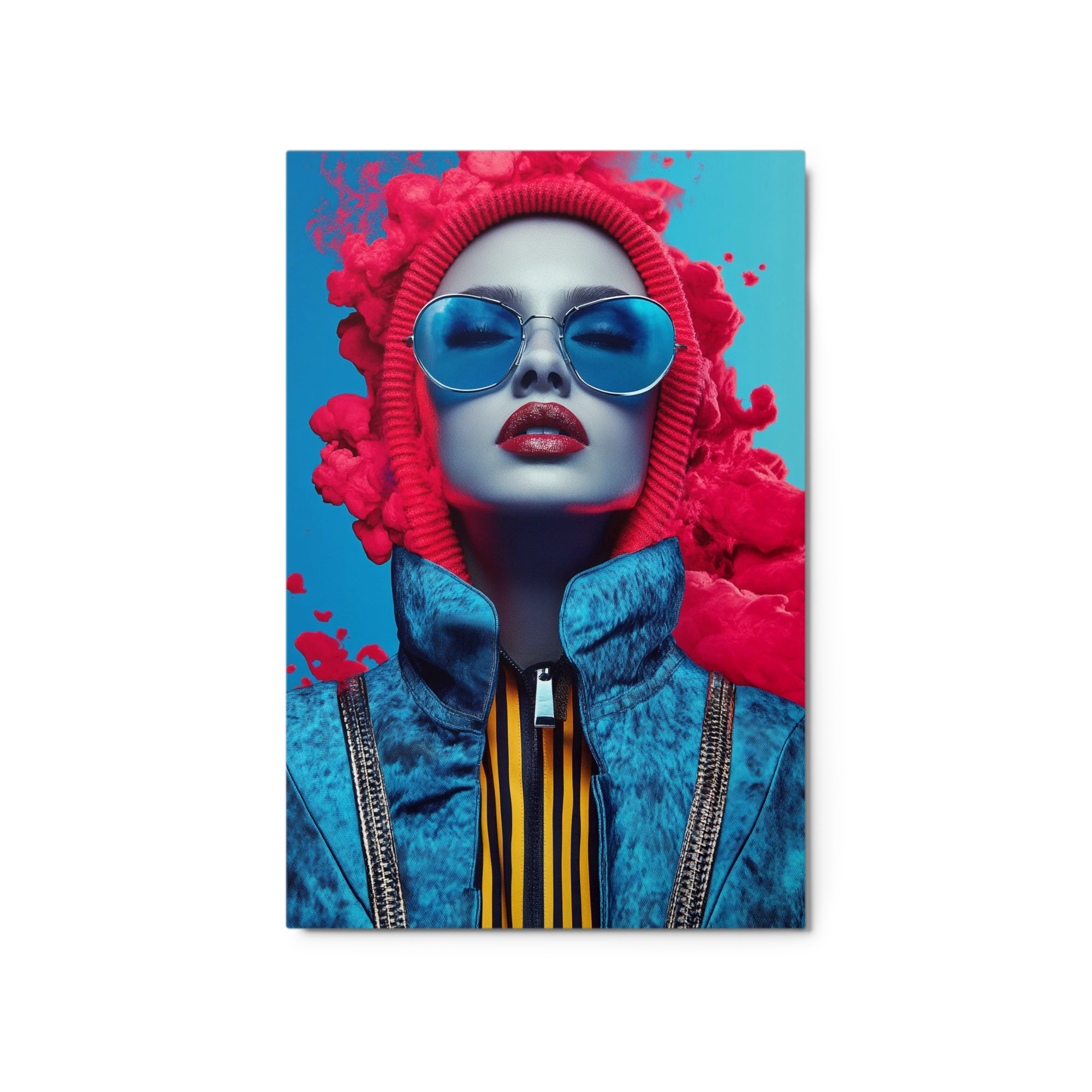 Bold Blue Portrait with Red Hood