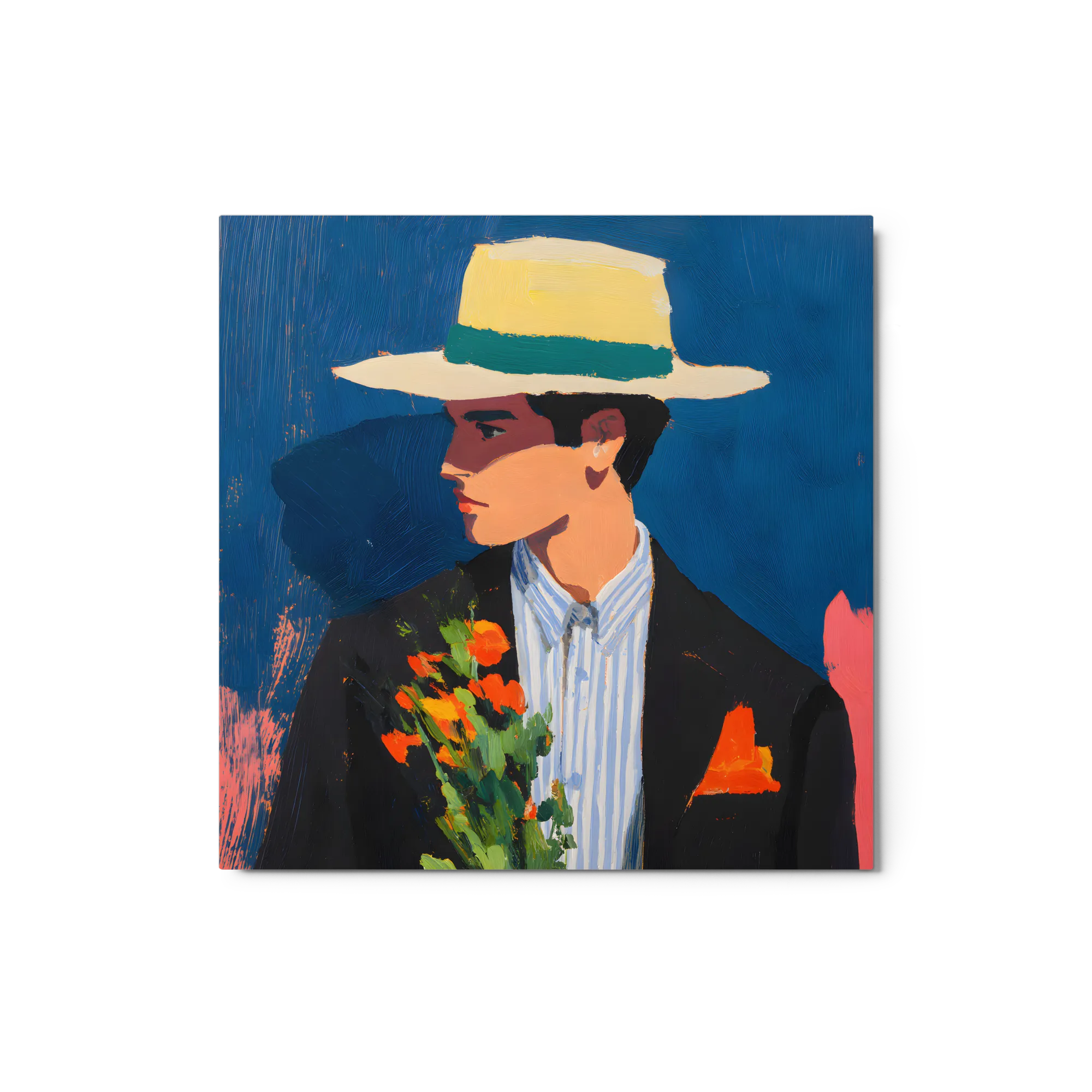 Portrait with Hat and Flowers 
 Canvas with Brown Frame