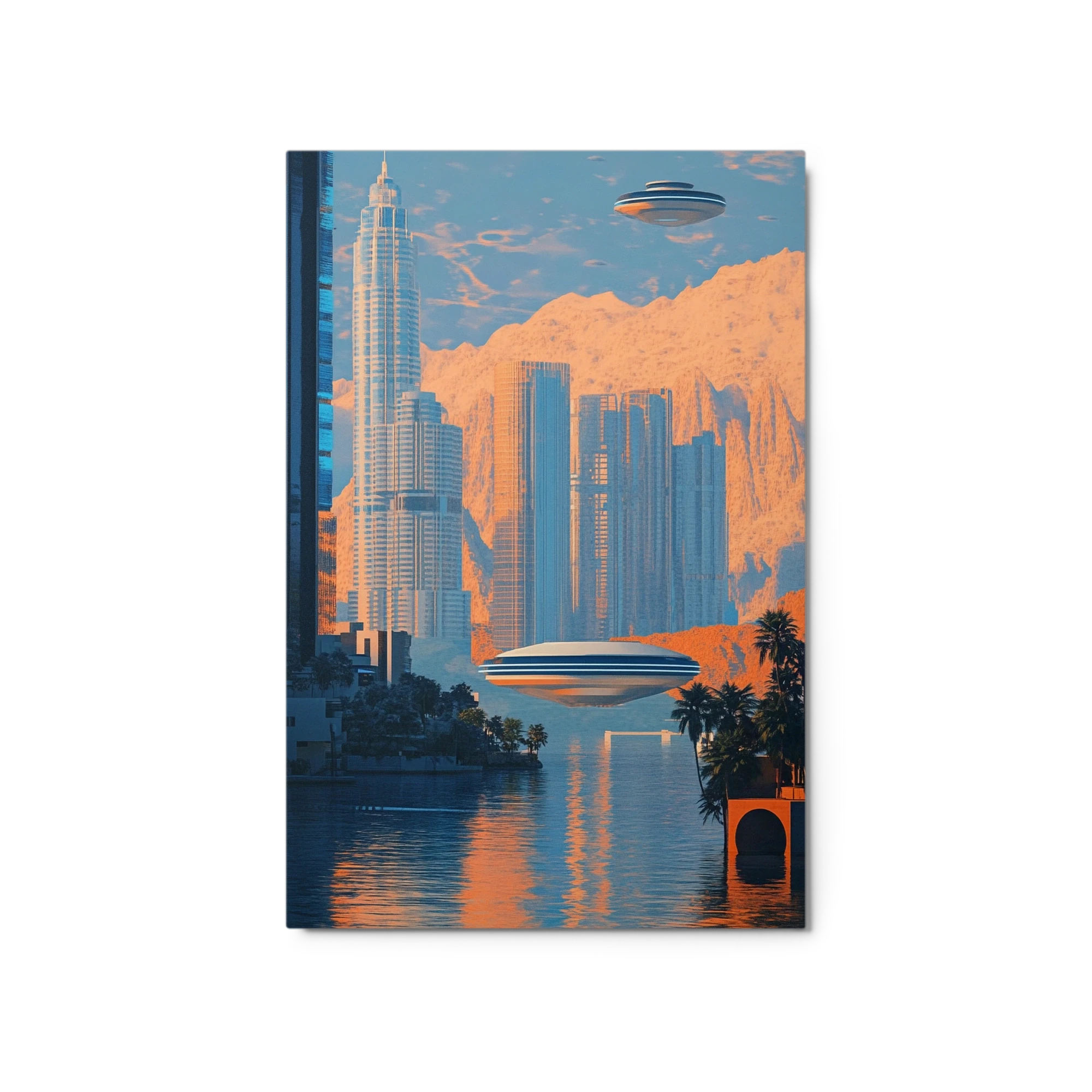 Futuristic Cityscape with Flying Saucers