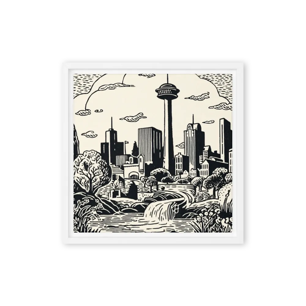 Calgary Skyline Woodcut 
 Metal Print | 12″x 12″