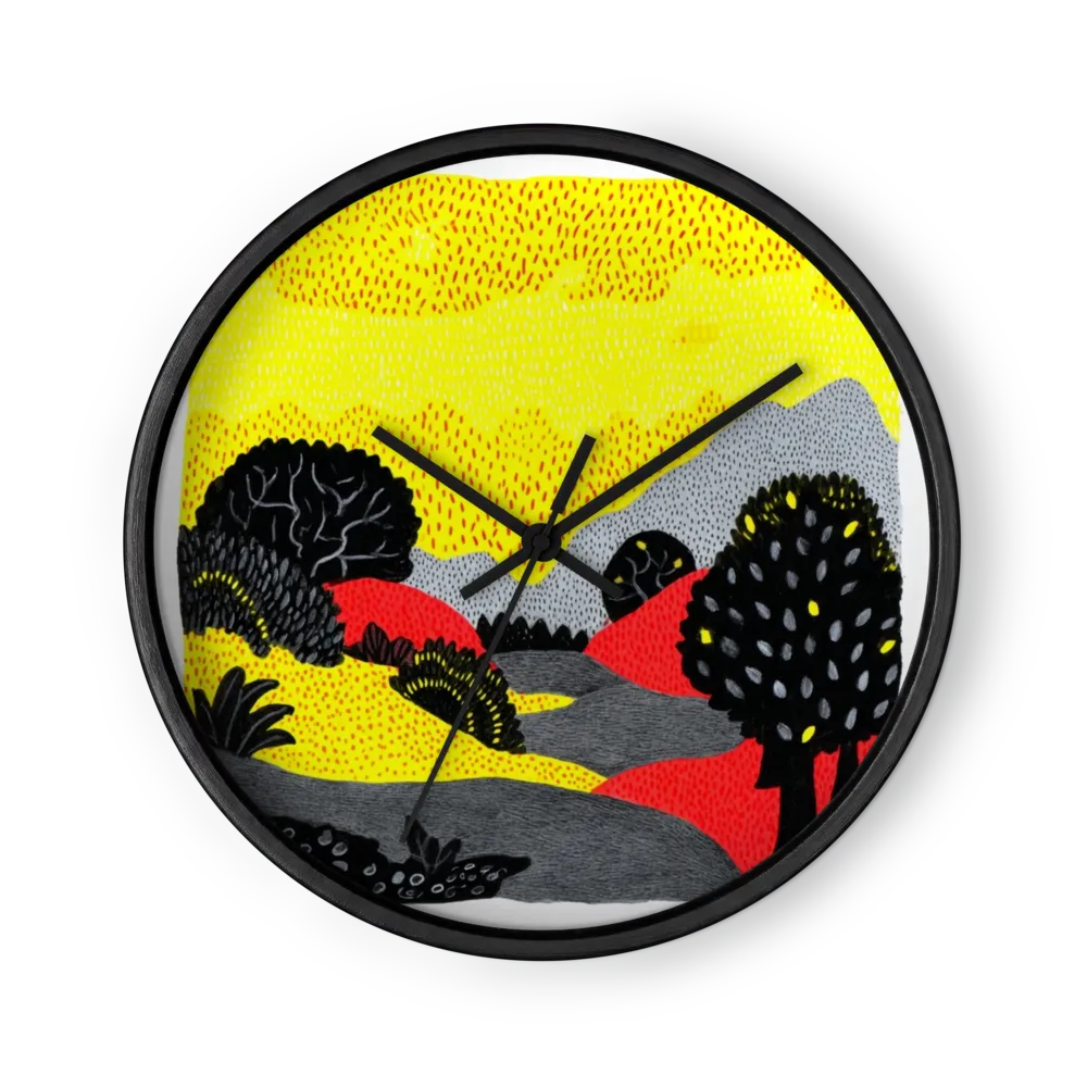 Stippled Folk Naivism Clocks — Lemon, Black And Scarlet