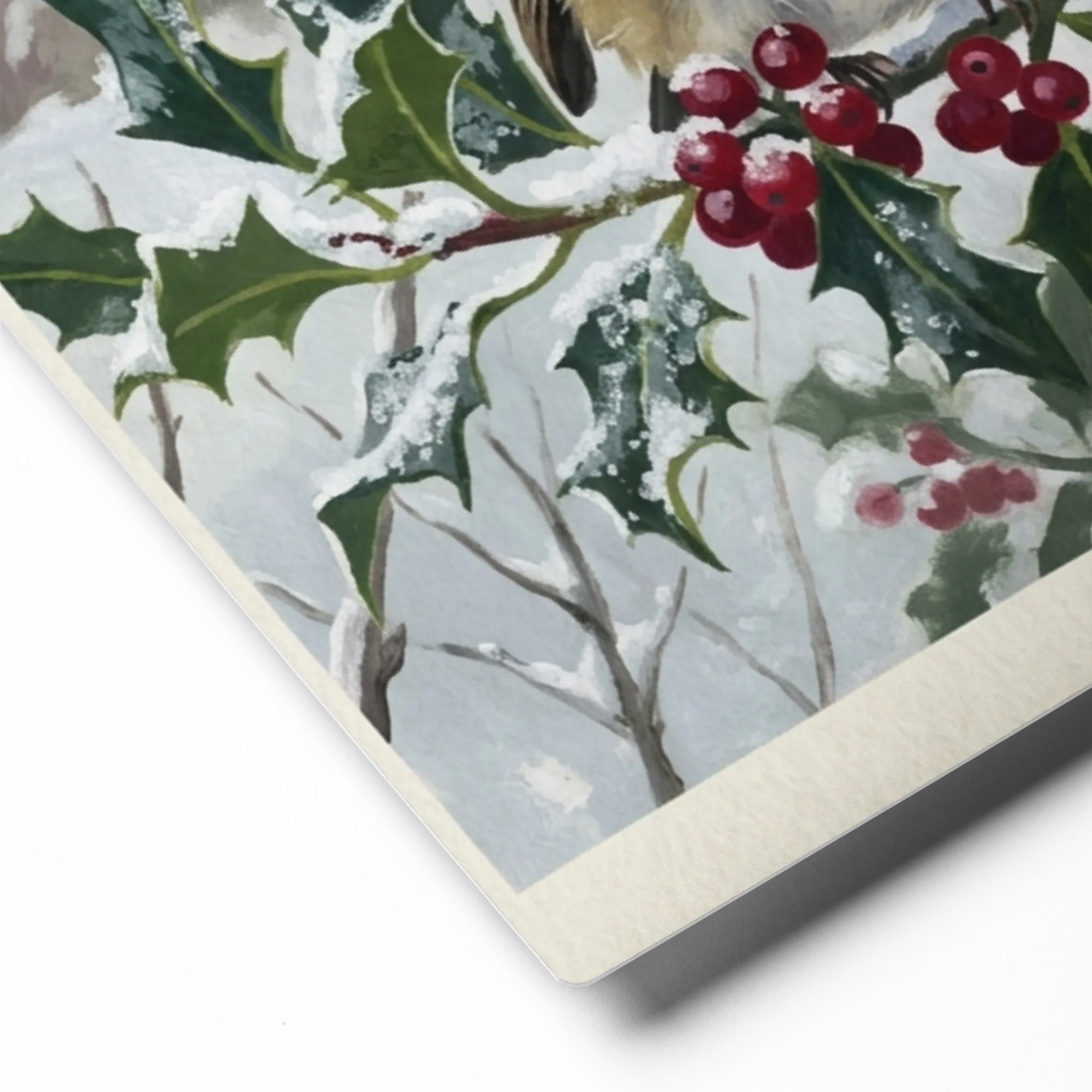 Winter Robins on Holly 
 Poster with Red oak Frame | 12″x 16″