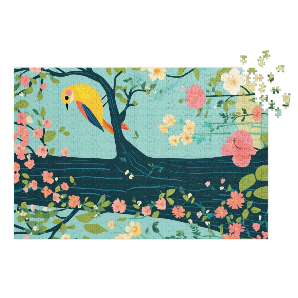 Yellow Bird on Tree with Flowers