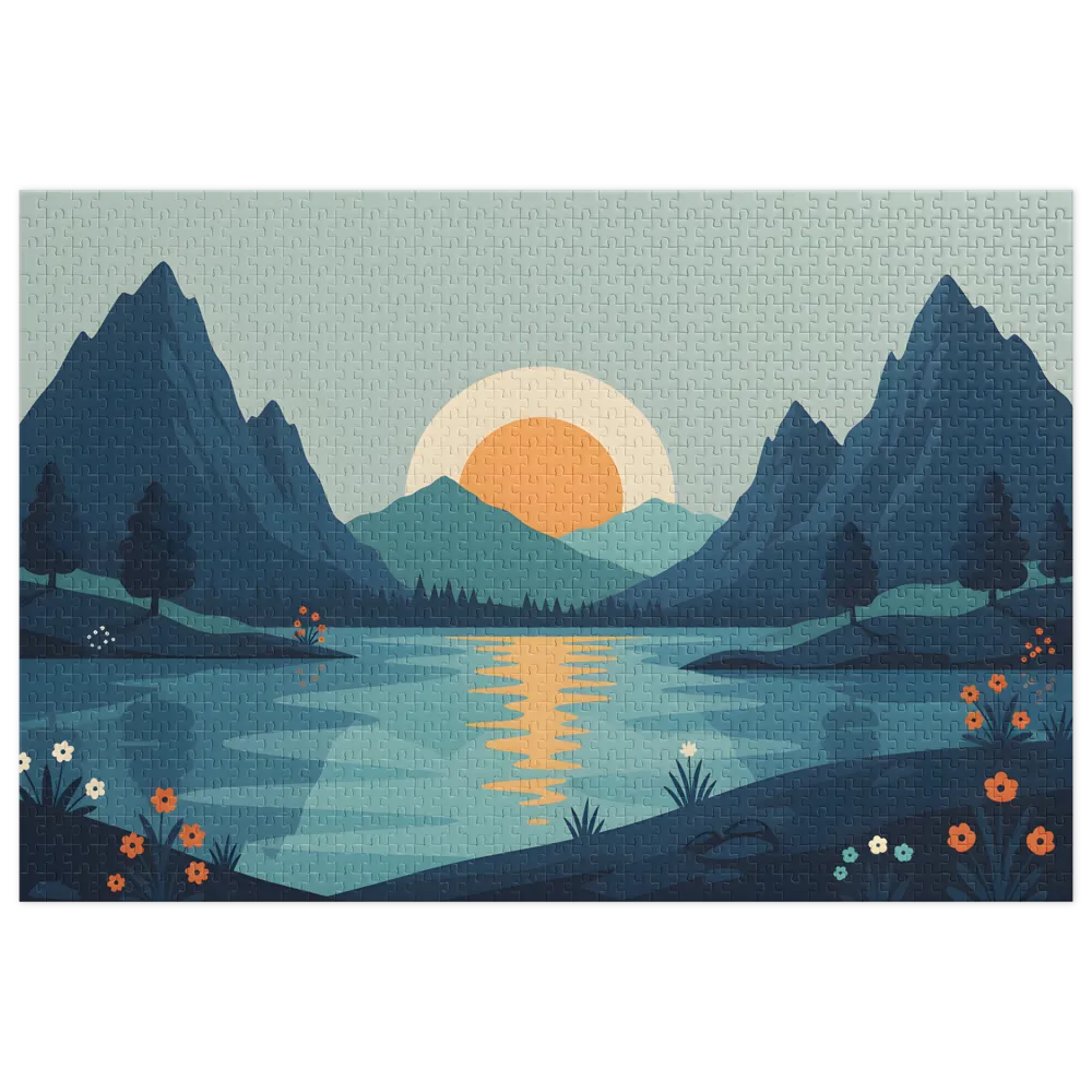Sunset Over Mountain Lake 
 Jigsaw Puzzle in Tin Box