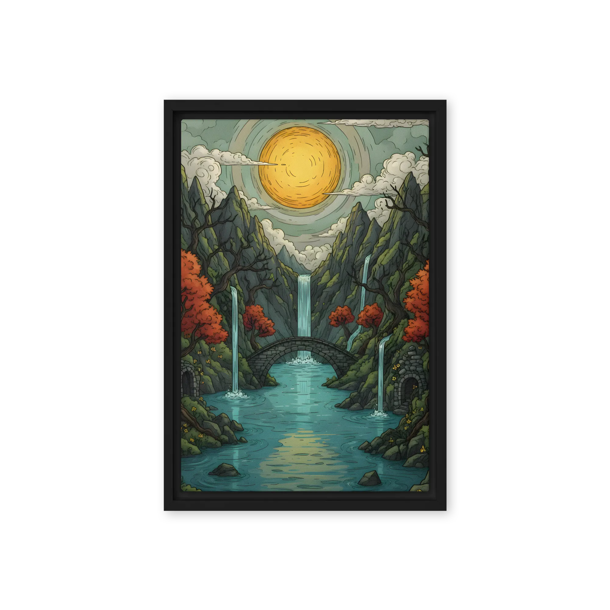 Autumn Waterfall Valley 
 Poster with Red oak Frame | 18″x 24″