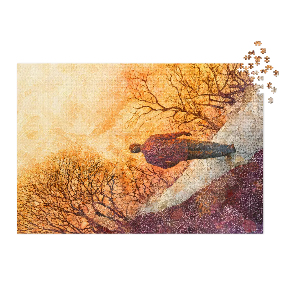Solitary Man Walking in Abstract Landscape