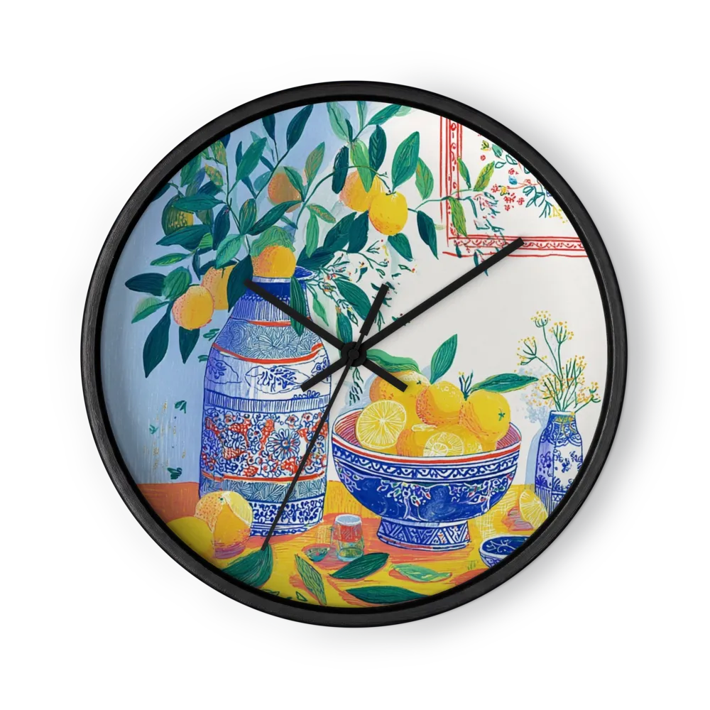 Lemons in Blue Ceramic Vase | Wall Clock