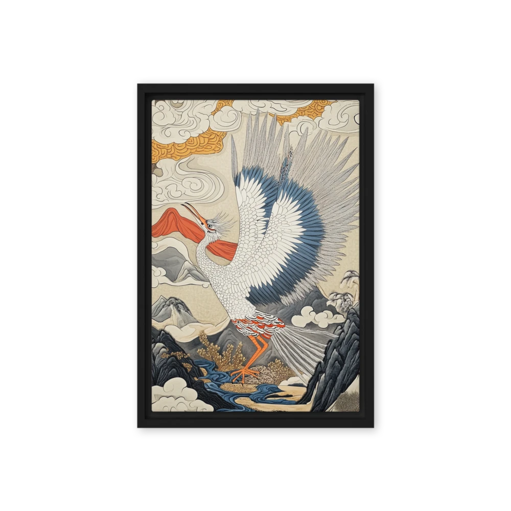 Soaring Crane in Ukiyo-e Landscape | Art Print