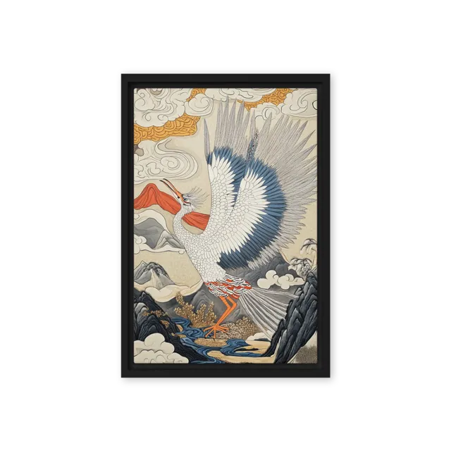 Soaring Crane in Ukiyo-e Landscape | Art Print