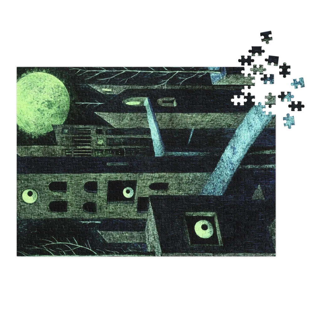 Surreal Cityscape with Eyes and Green Moon
