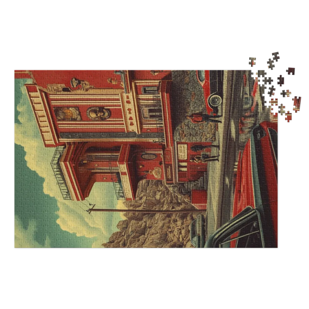 Surreal Retro Building with Cars