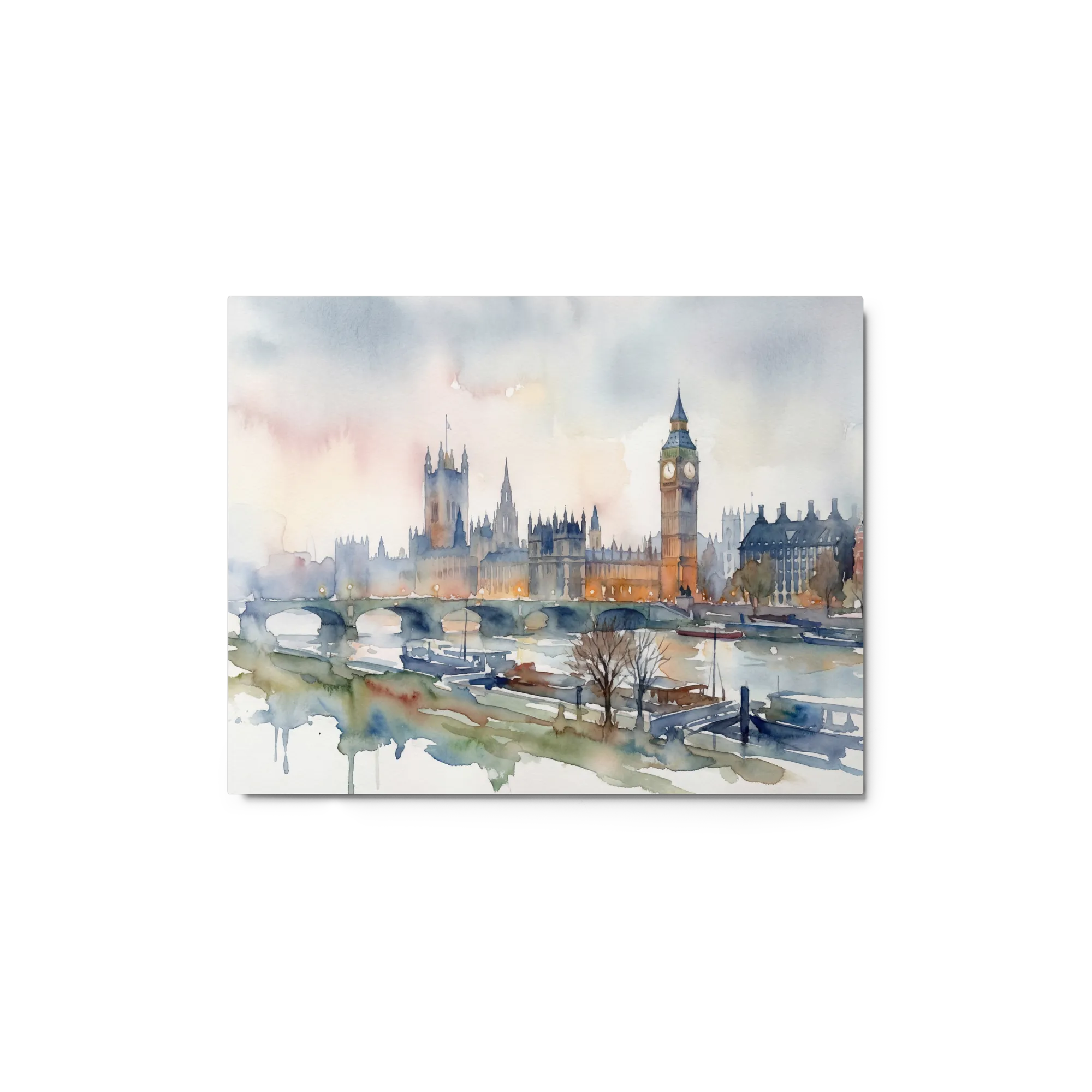London Skyline Watercolor 
 Paper Print With Black Frame & Mat | 12″x 18″