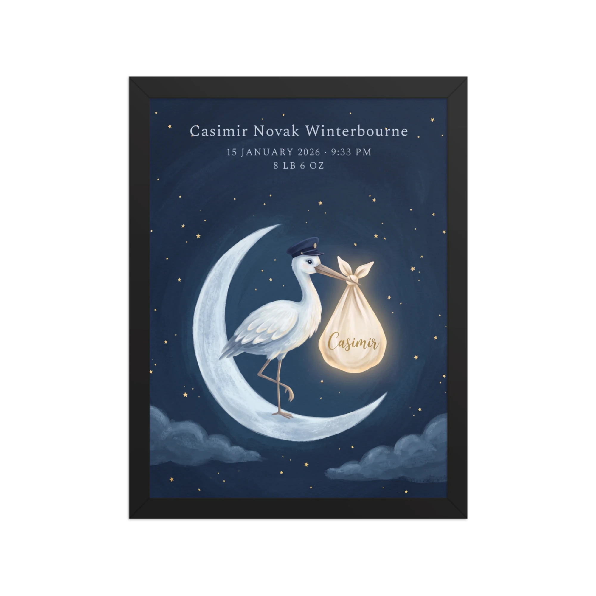 Moonlit Stork Nursery Name Art — example