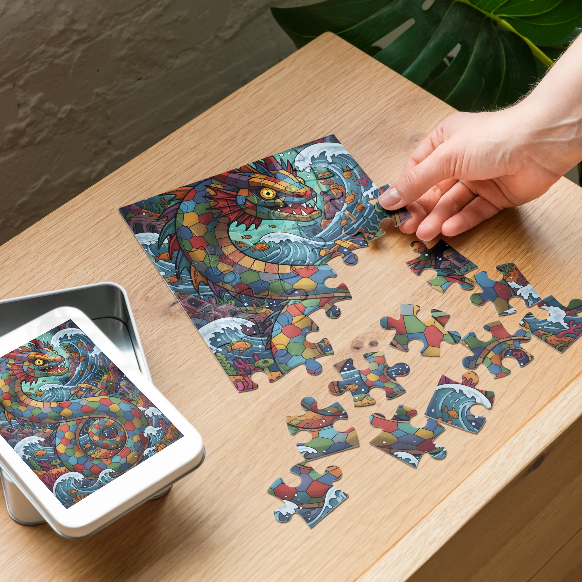 Mosaic Sea Serpent 
 Jigsaw Puzzle in Tin Box