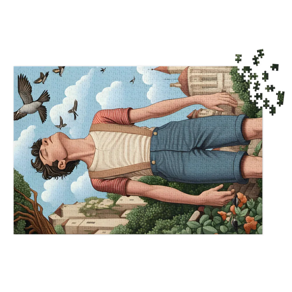 Boy with Suspenders in Scenic Landscape