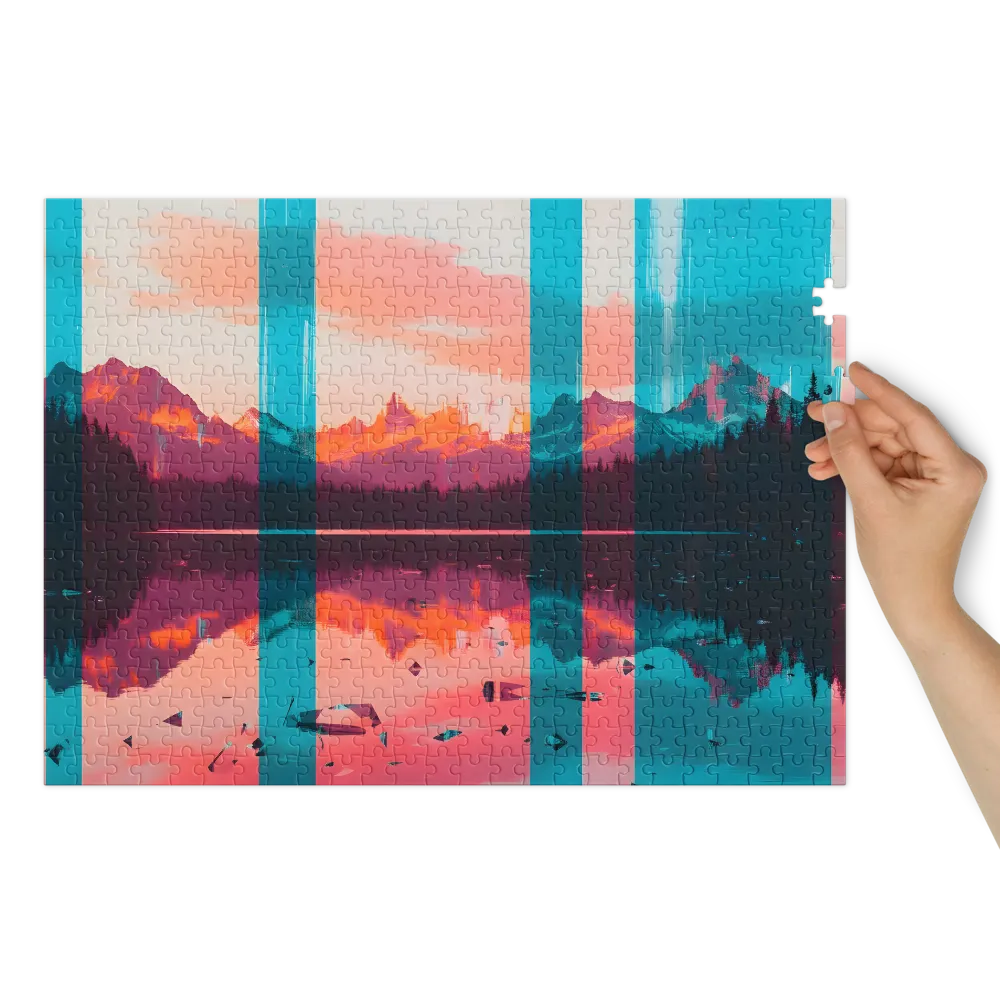 Glitched Mountain Lake Landscape 
 Jigsaw Puzzle in Tin Box