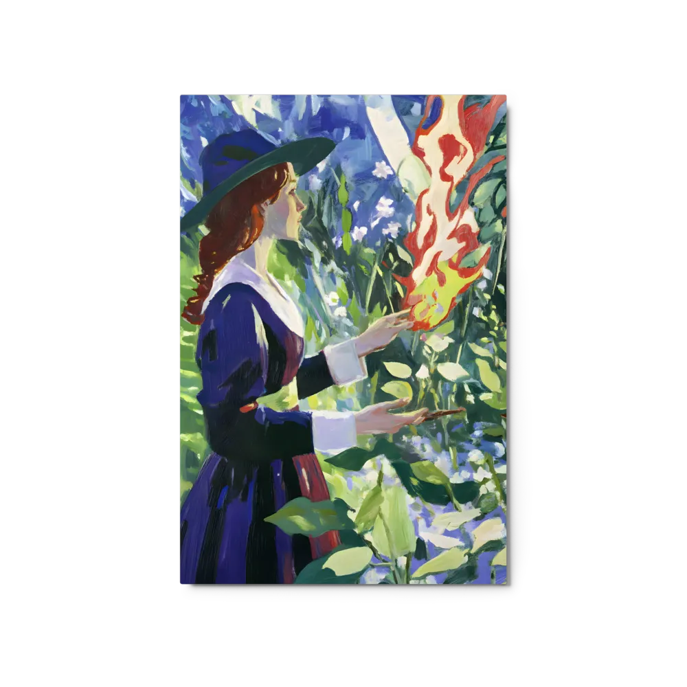 Woman with Flames in a Green Landscape