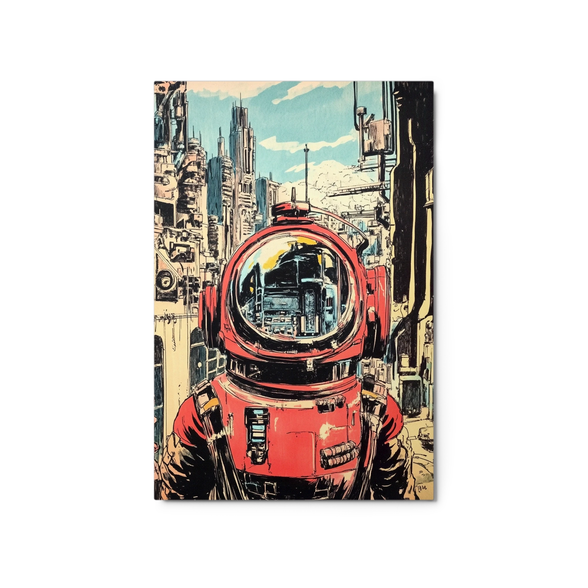 Astronaut with Red Suit in Futuristic City