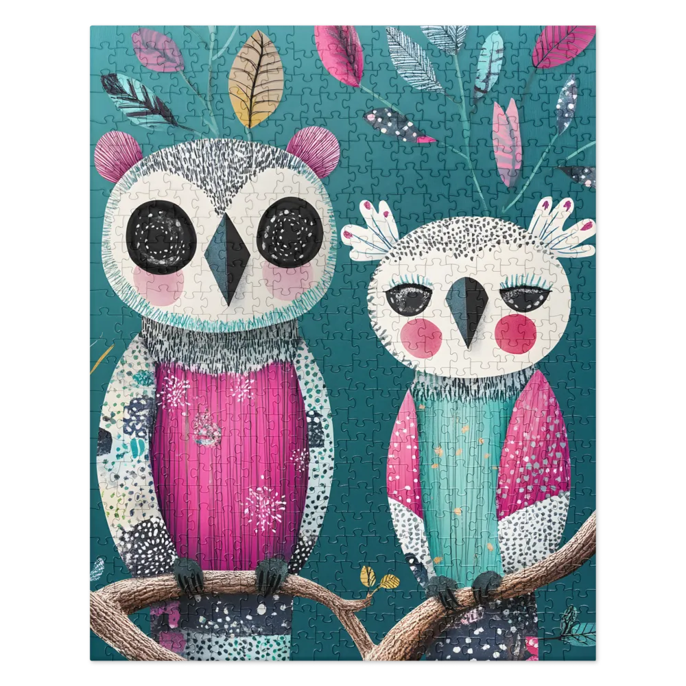 Whimsical Owls on Branch 
 Jigsaw Puzzle in Tin Box